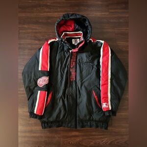 Vintage 80s 90s Men’s NHL Detroit Red Wings Starter Jacket Large Black Puffer